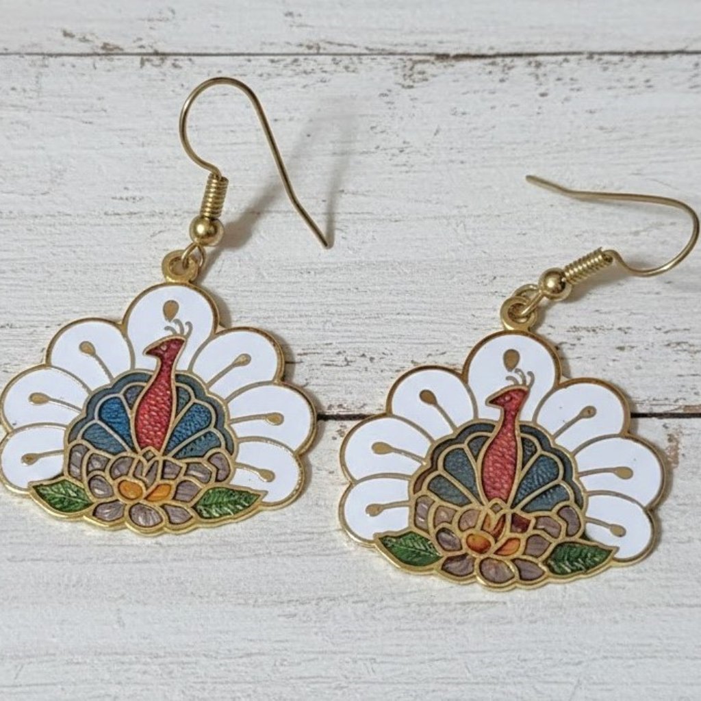 Cloisonne Peacock Earrings VintagePierced 25$